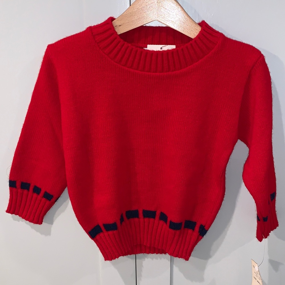 NWT Girls Florence Eiseman Vintage Crew Neck Red Sweater with Dark Blue Details